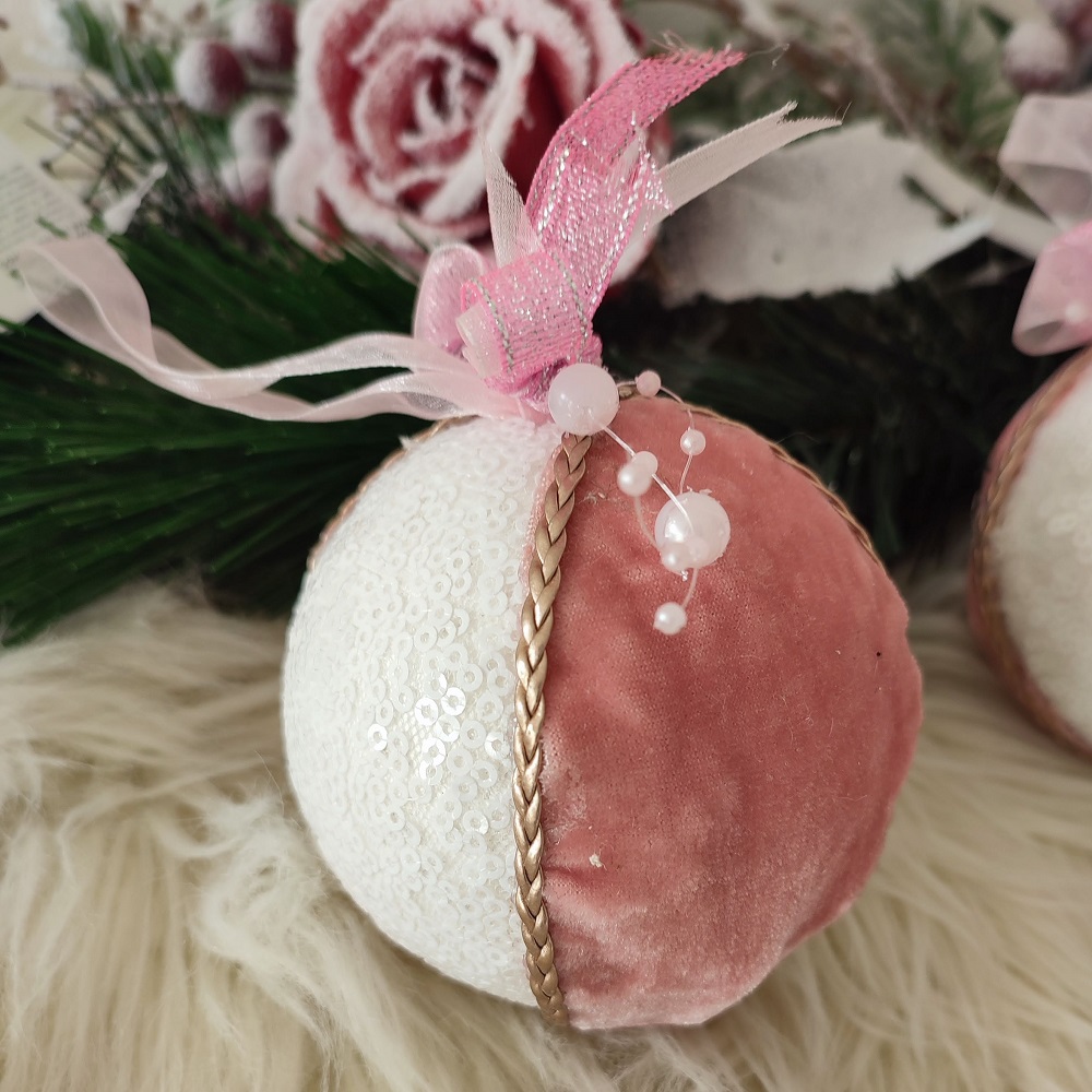 Ružovo biela vianočná guľa 8 cm