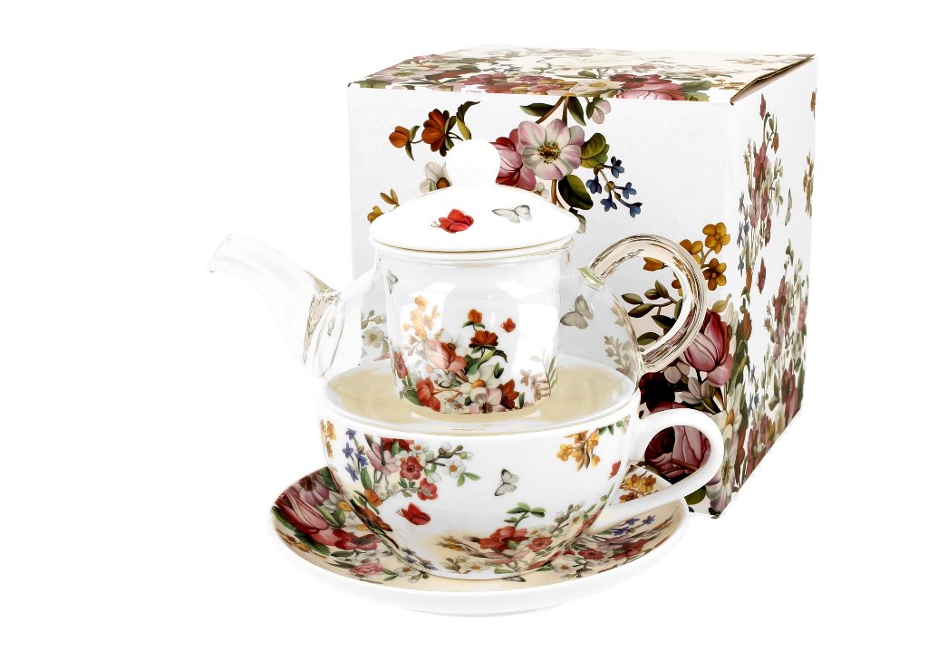 Čajník so šálkou sitkom a tanierikom Vintage Flowers