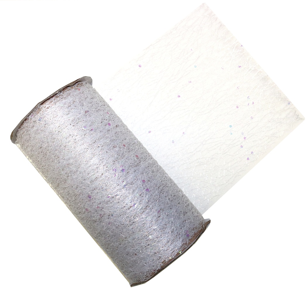 Biela pavučinová trblietavá vianočná organza 2,7 m x 15 cm