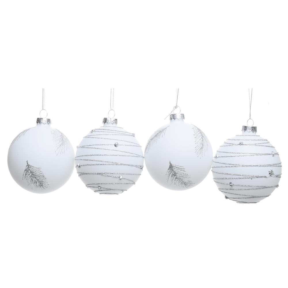 Biele sklenené vianočné gule 4 ks 8 cm