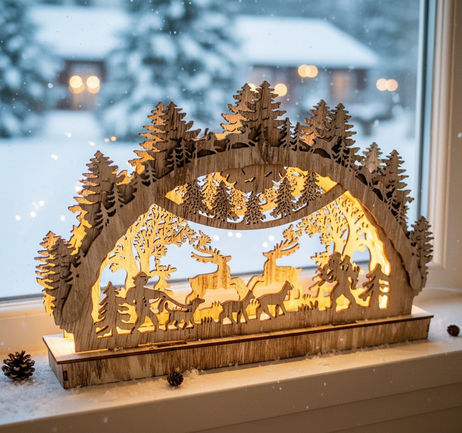 Drevený LED svietnik krajinka 30 cm