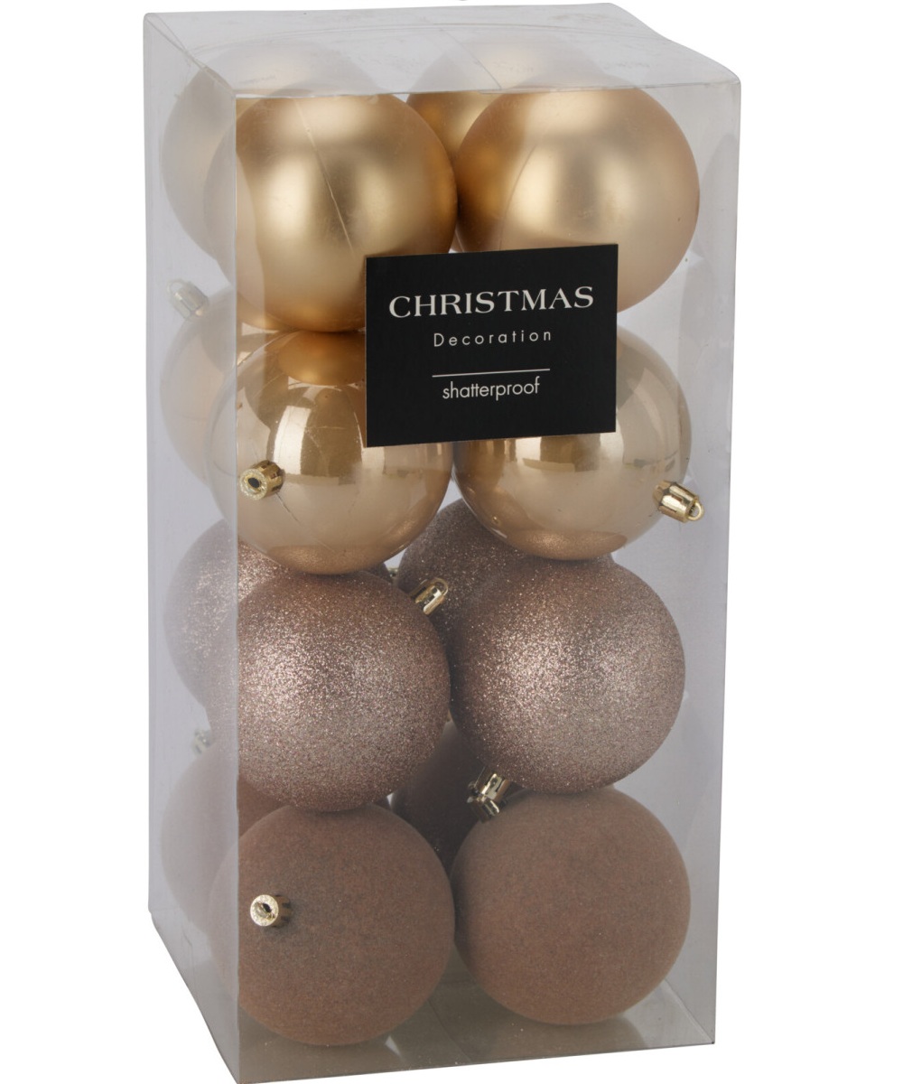 Champagne vianočné gule na stromček 16 ks 6 cm