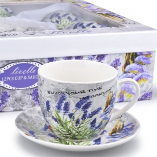 Porcelánová súprava šálky s tanierikmi levandula 6 ks