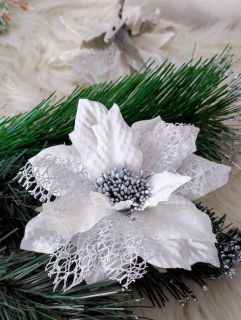 Vianočná ruža bielo strieborná 11 cm