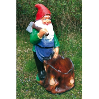Záhradný trpaslík s pňom a so sekerou
